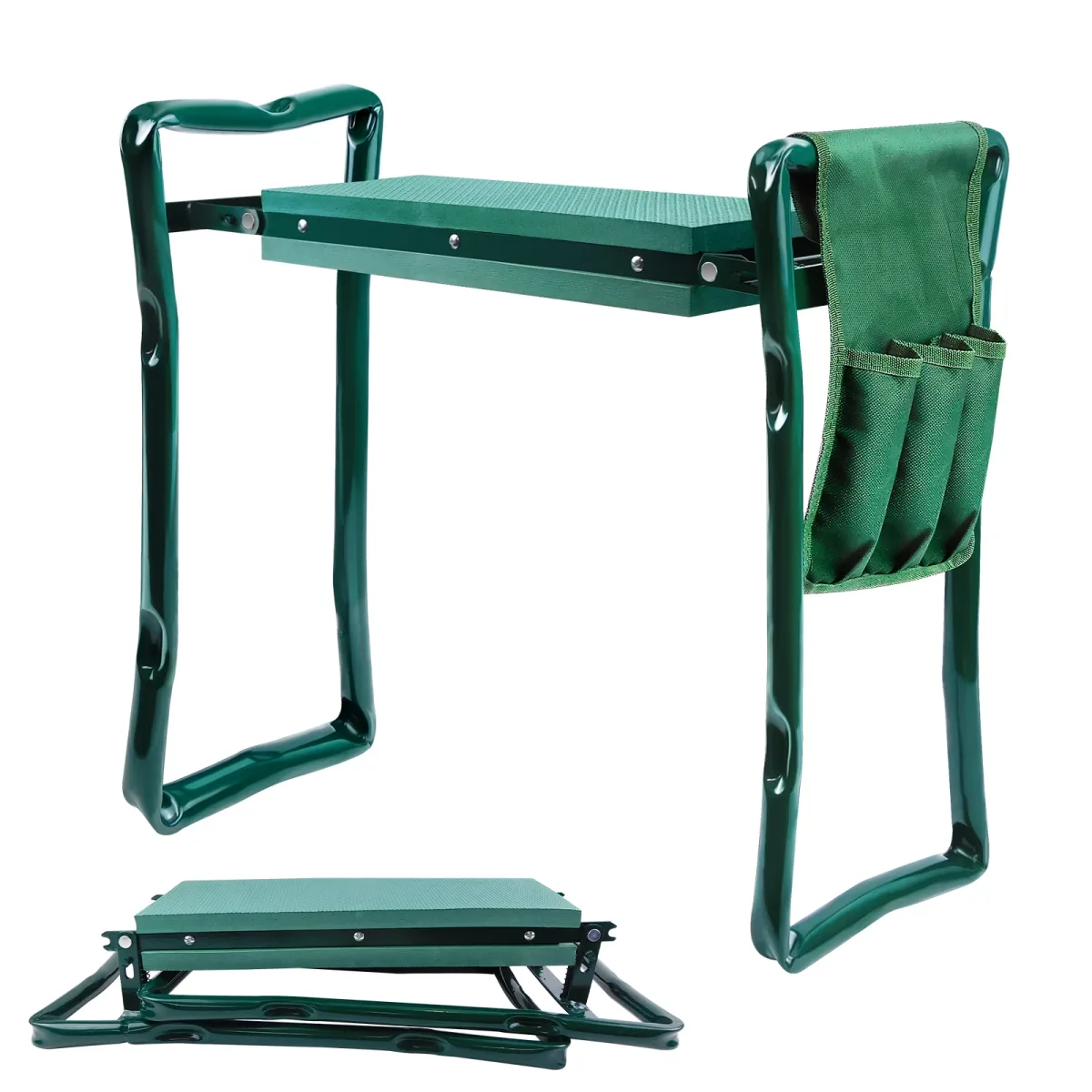 Banc de jardin pliable vert, assise et agenouilloir