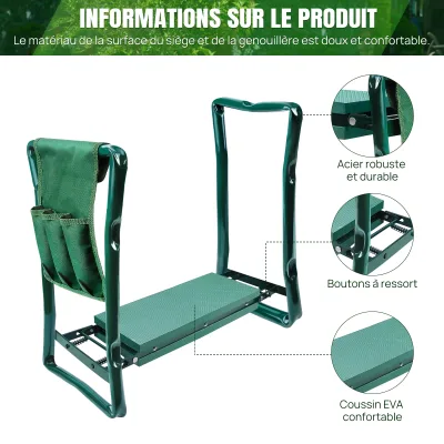 Banc de jardin pliable vert, assise et agenouilloir – image 3