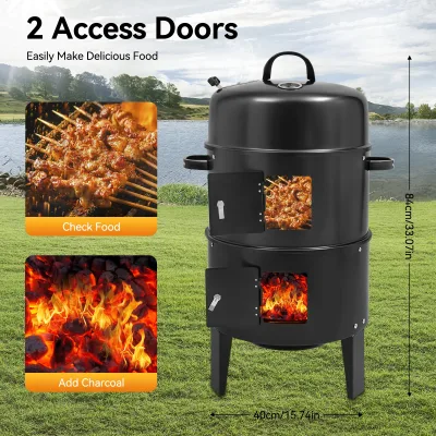 Barbecue fumoir 3-en-1 en fer noir, 2 niveaux