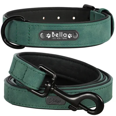 Collier et laisse en cuir pour chien, rembourré – image 3
