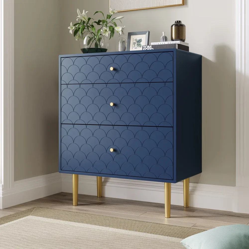 Commode 3 tiroirs bleu marine, pieds métalliques