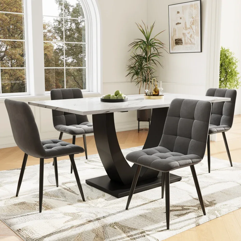 Ensemble table et 4 chaises en velours, blanc