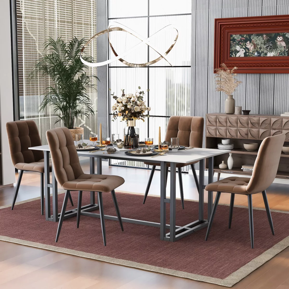 Lot de 4 chaises marron en velours, pieds en métal