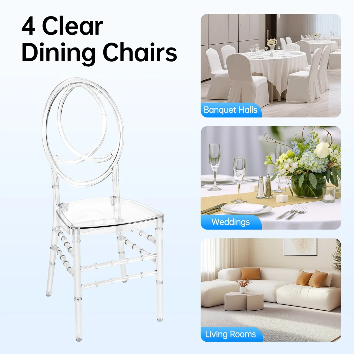 Lot de 4 chaises transparentes en plastique PC