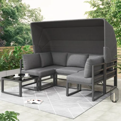 Salon de jardin gris en fer avec table basse