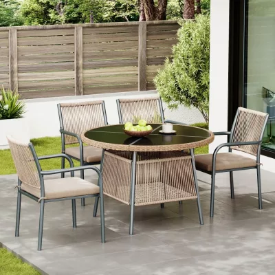 Salon de jardin gris, table ronde et 4 fauteuils