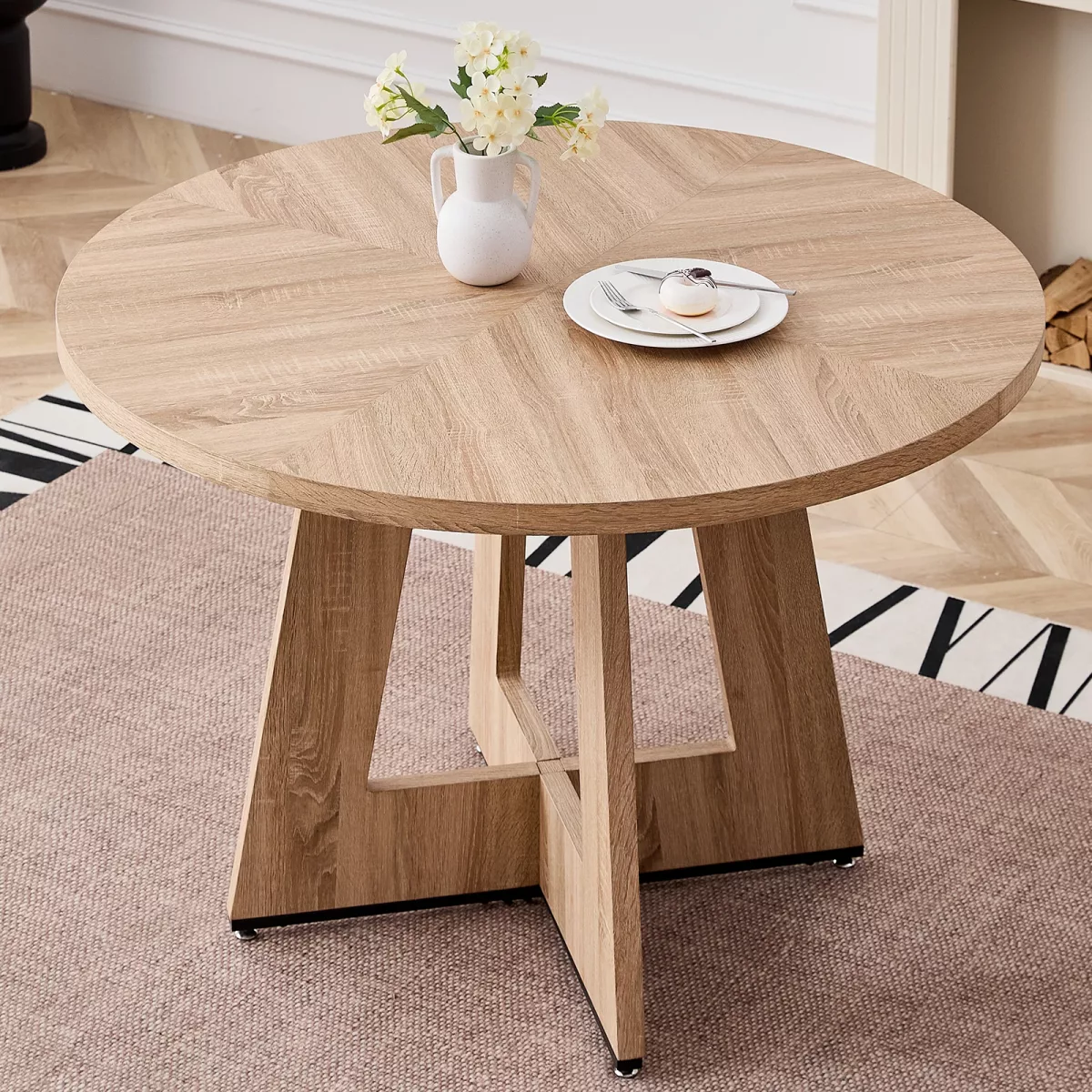 Table à manger ronde noire et bois clair, 120 cm