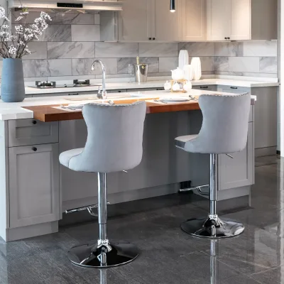 Tabourets de bar pivotants en velours gris – image 2