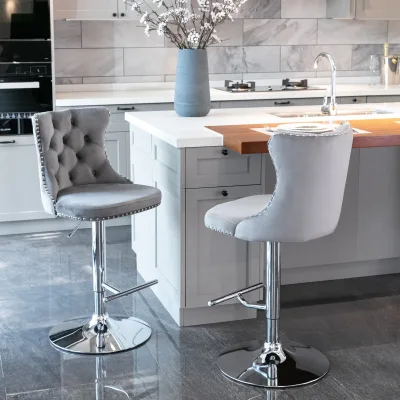 Tabourets de bar pivotants en velours gris – image 3