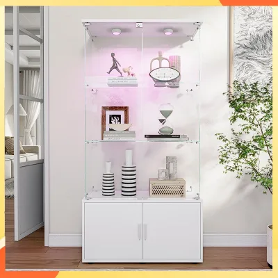Vitrine blanche en verre trempé à trois niveaux